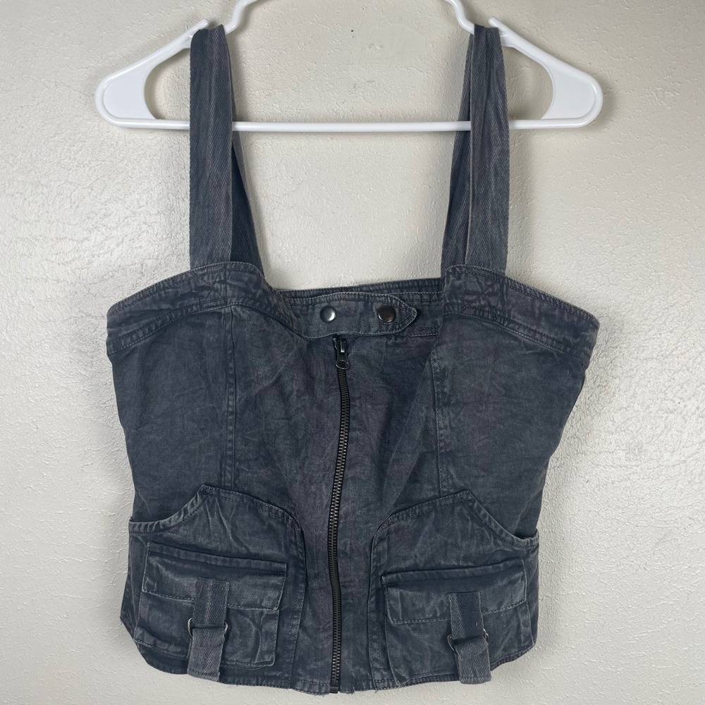 Reclaimed Vintage Washed Charcoal Denim Utility Zip Front Corset Top Grey US 8